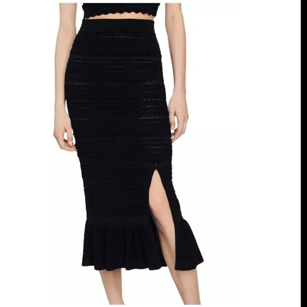 Sandro Black Crochet Knit Midi Skirt with Flounce Hem